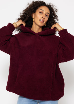 Oversize teddy sweatshirt with hood - burgundy