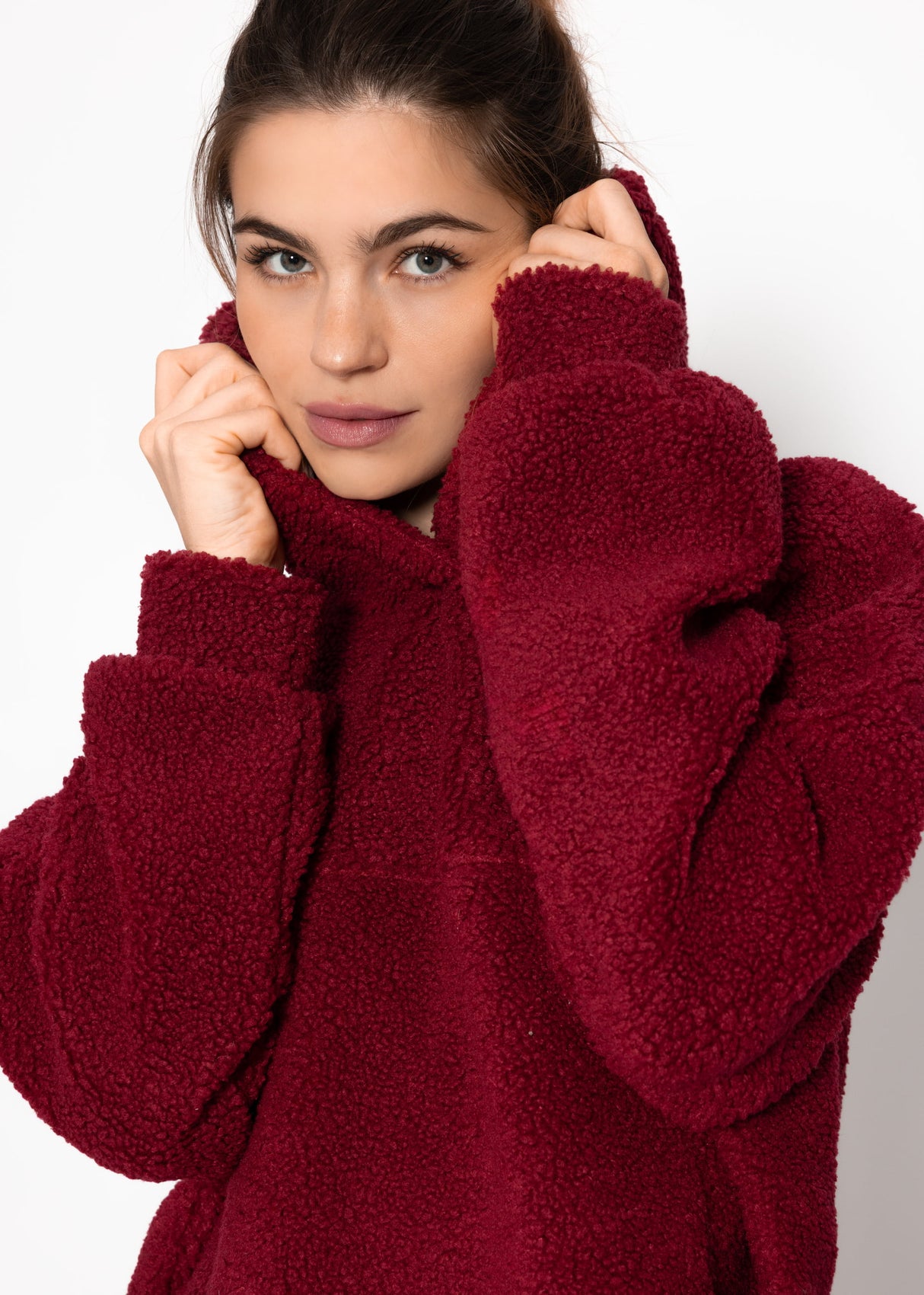 Oversize Teddy Sweatshirt mit Kapuze - weinrot