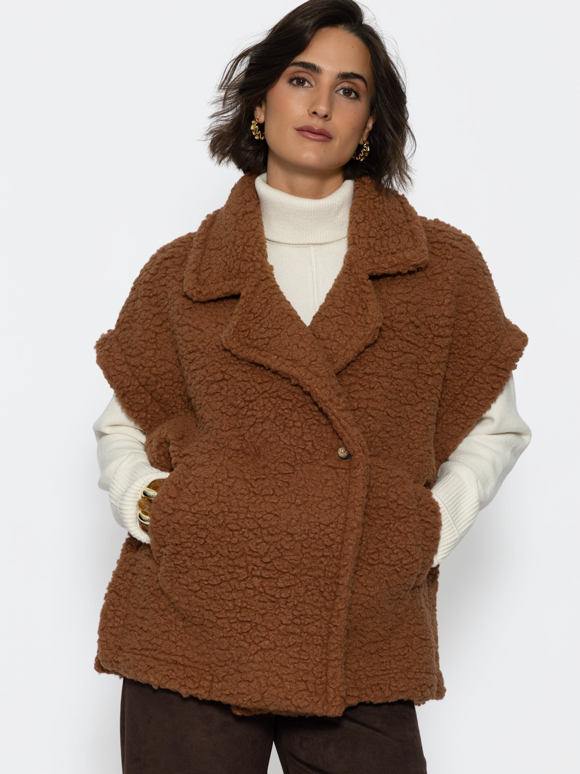 Oversize Teddy-Weste mit Reverskragen - camel