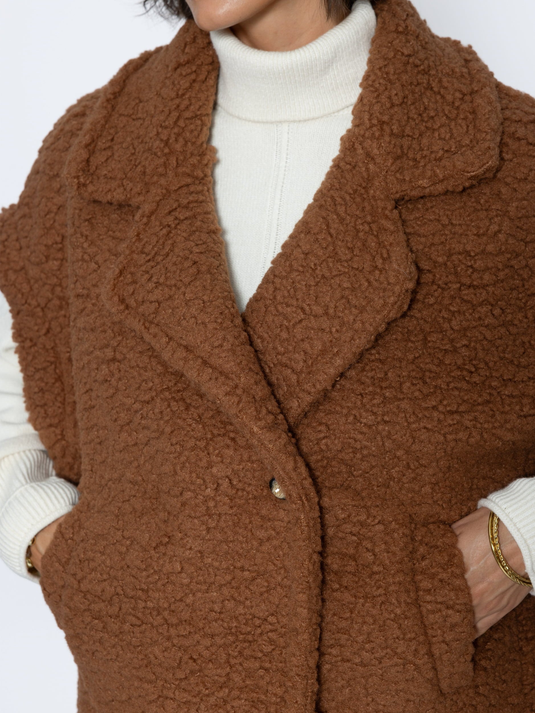Oversize Teddy-Weste mit Reverskragen - camel