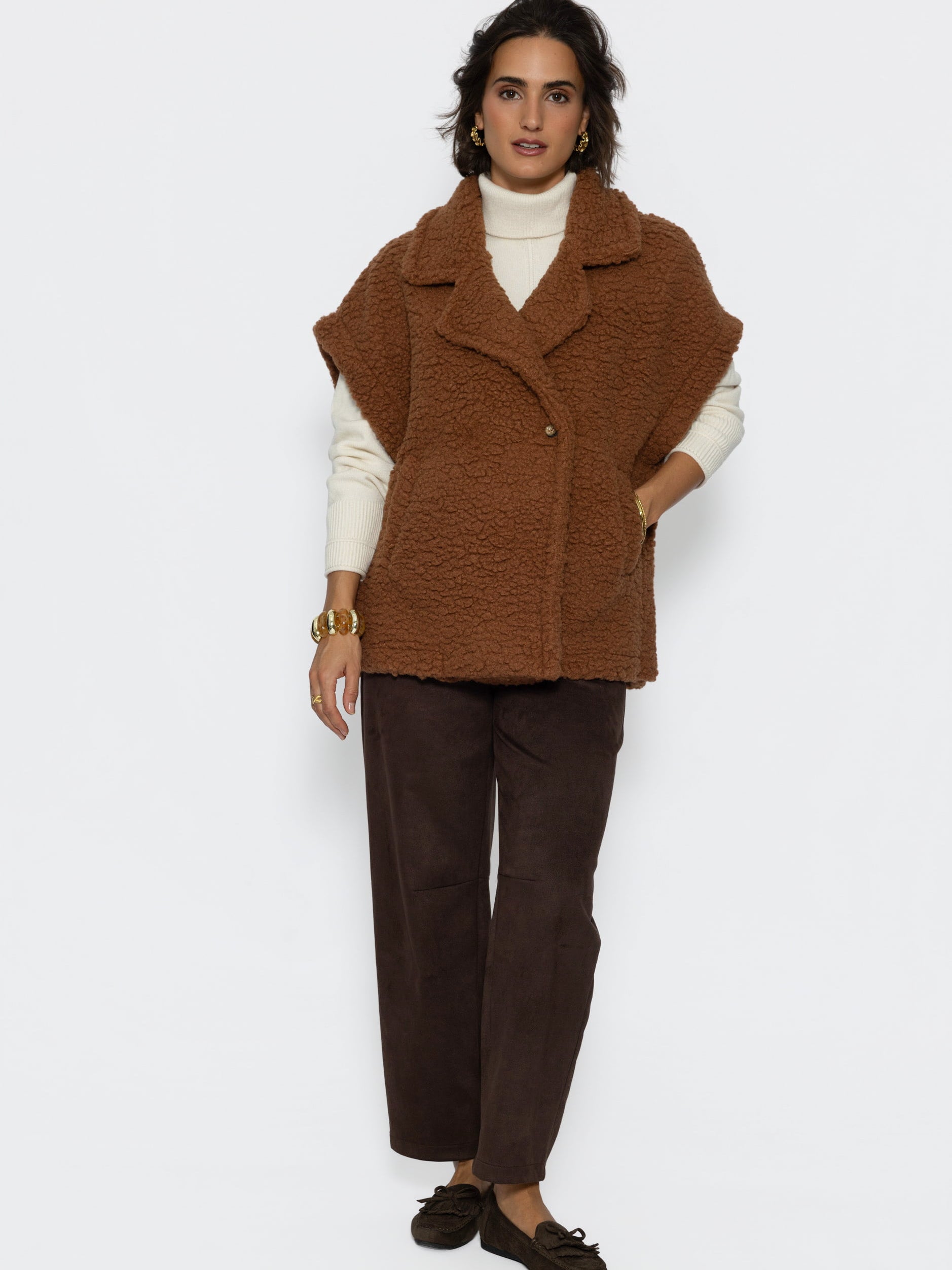 Oversize Teddy-Weste mit Reverskragen - camel