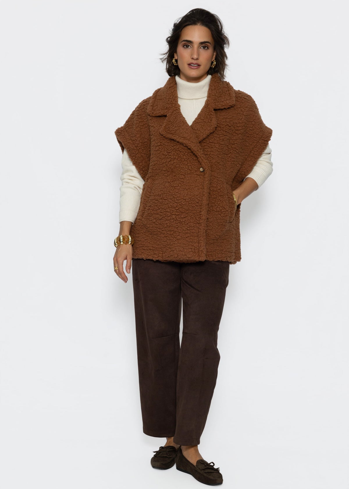 Oversize Teddy-Weste mit Reverskragen - camel