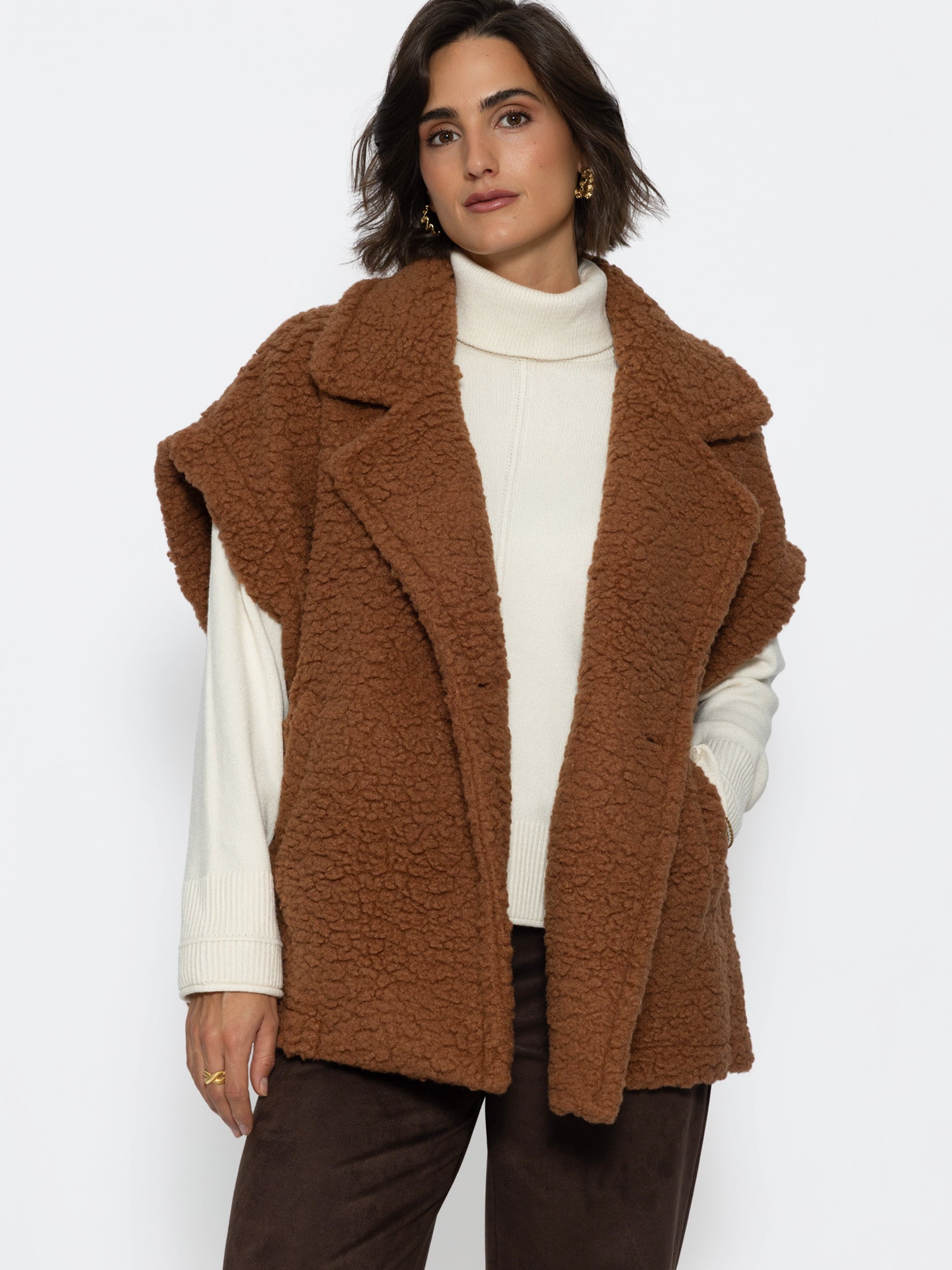 Oversize Teddy-Weste mit Reverskragen - camel