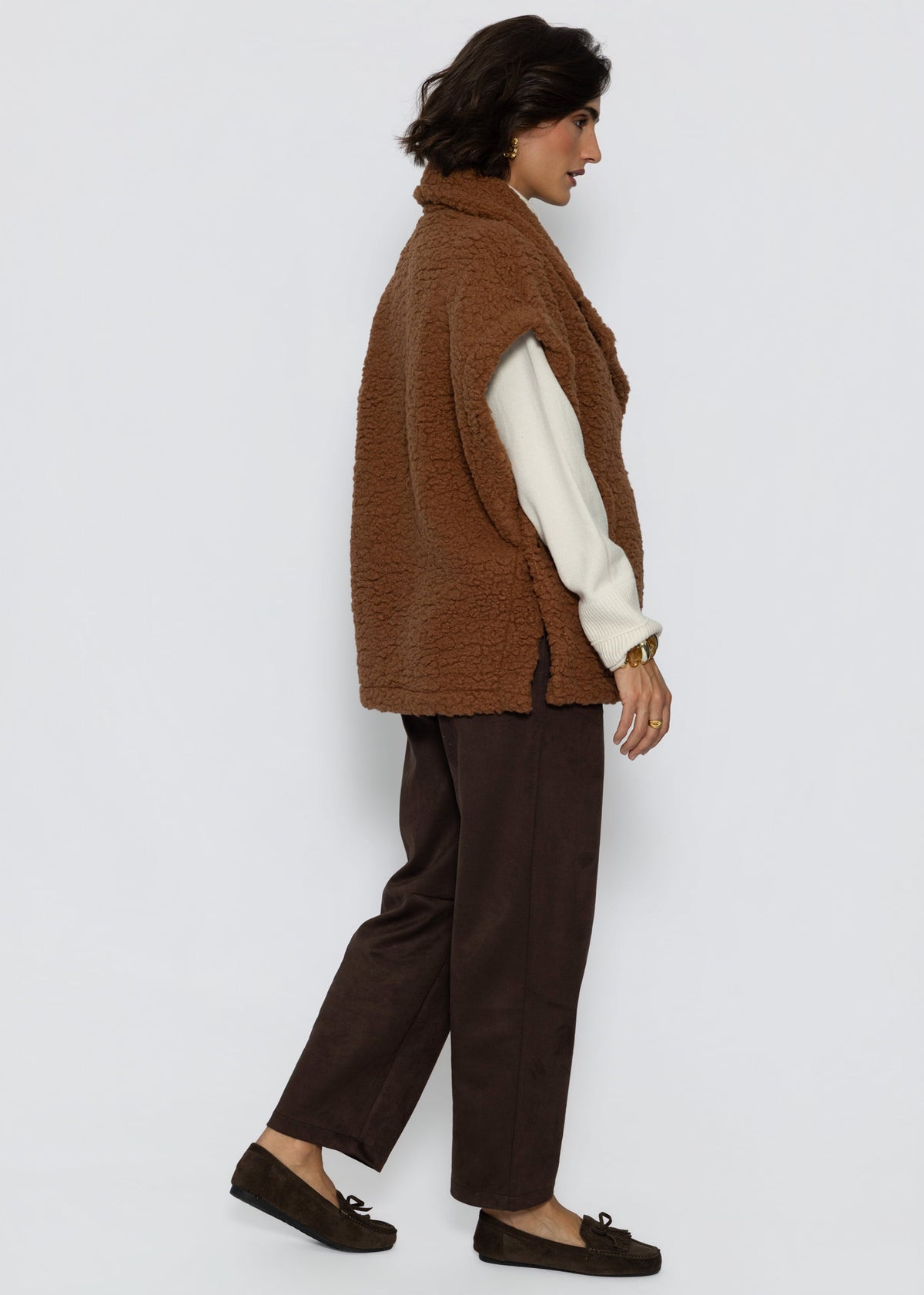 Oversize Teddy-Weste mit Reverskragen - camel