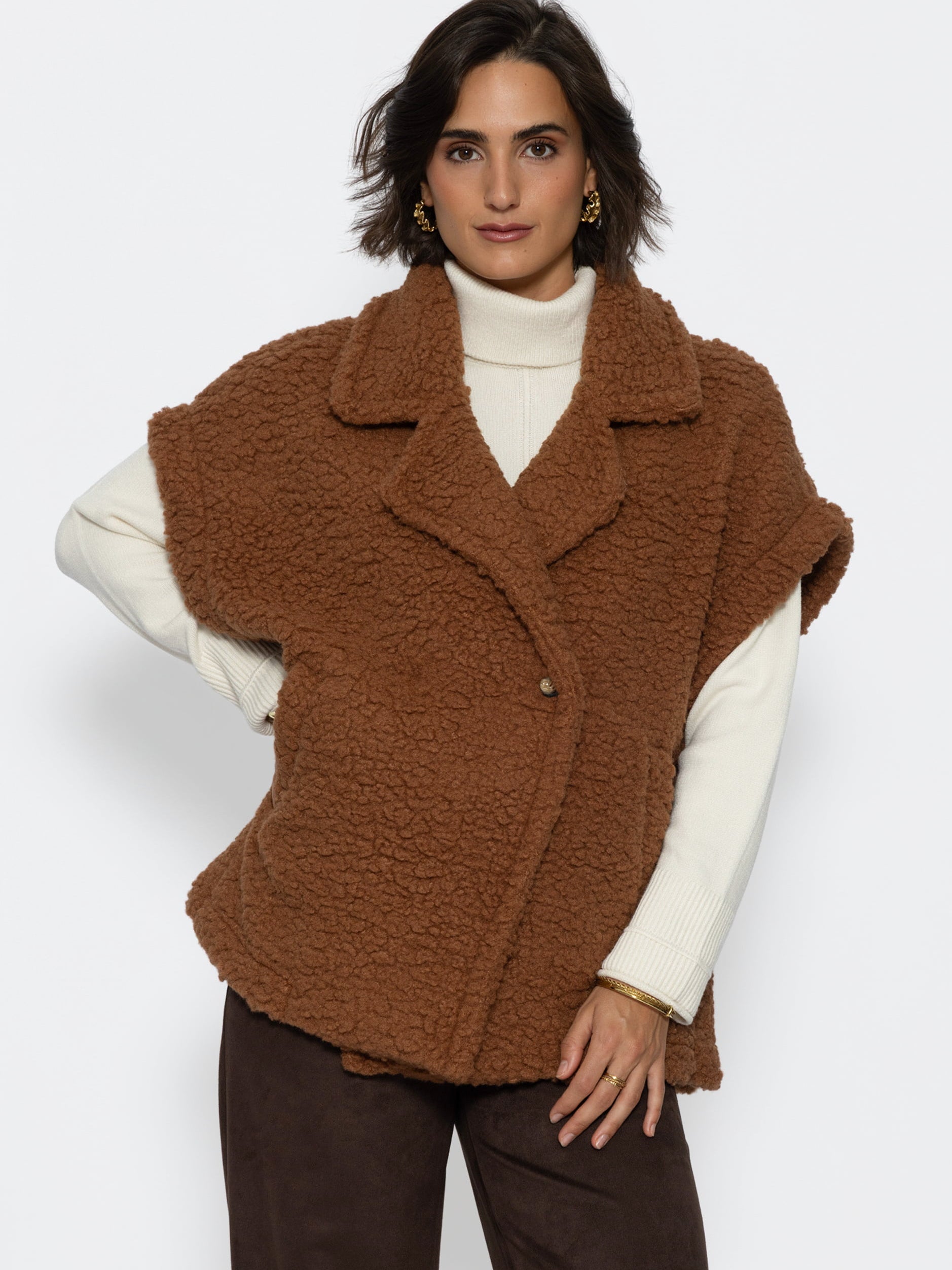 Oversize Teddy-Weste mit Reverskragen - camel