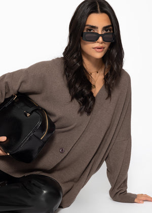 Oversized Cardigan mit V-Ausschnitt und Kaschmiranteil - taupe