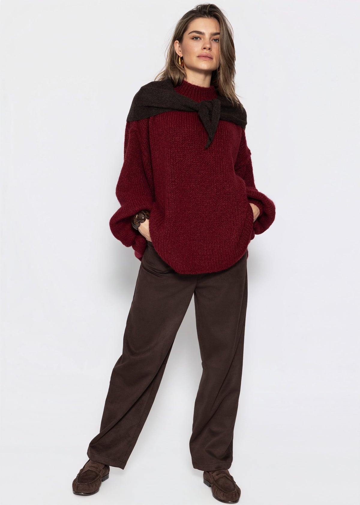 Oversized Grobstrickpullover - burgundy