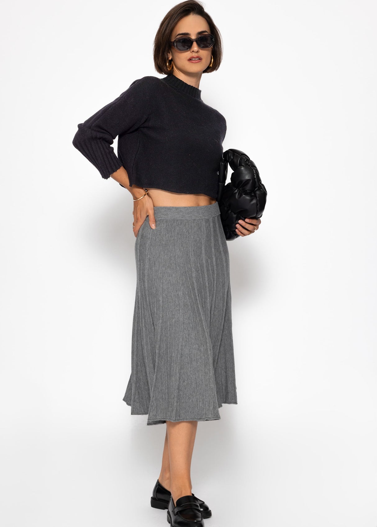Pleated knit midi skirt - grey