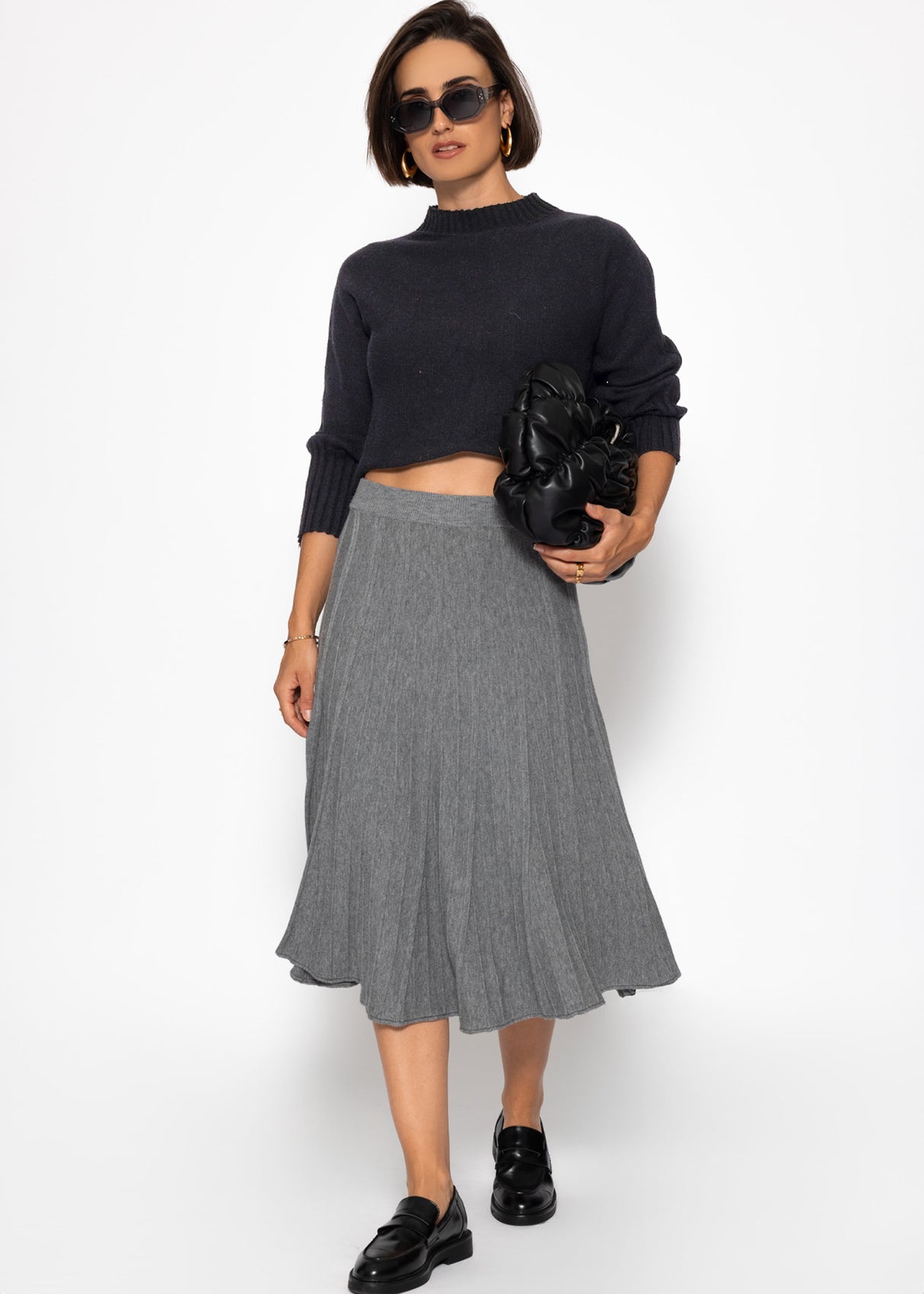 Pleated knit midi skirt - grey
