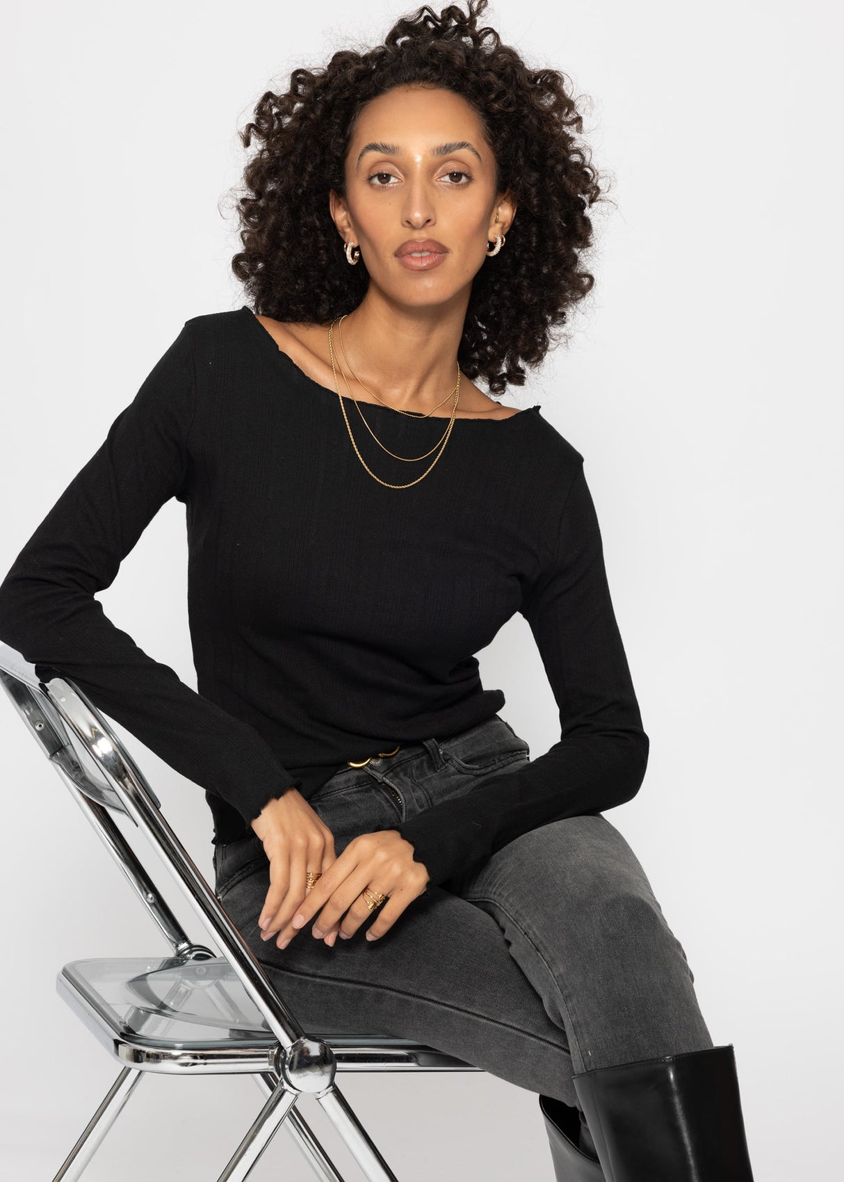 Pointelle Langarmshirt - schwarz