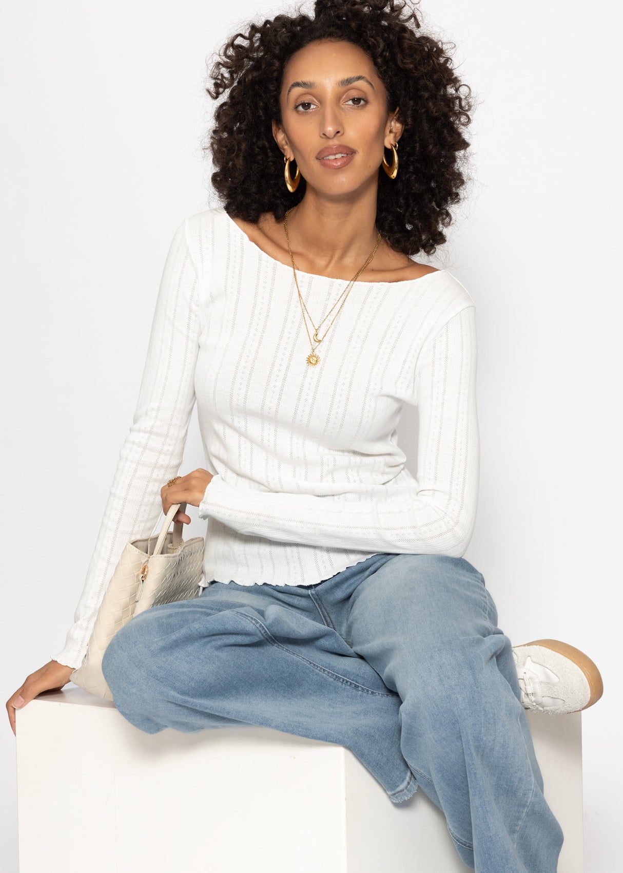 Pointelle Langarmshirt - weiß