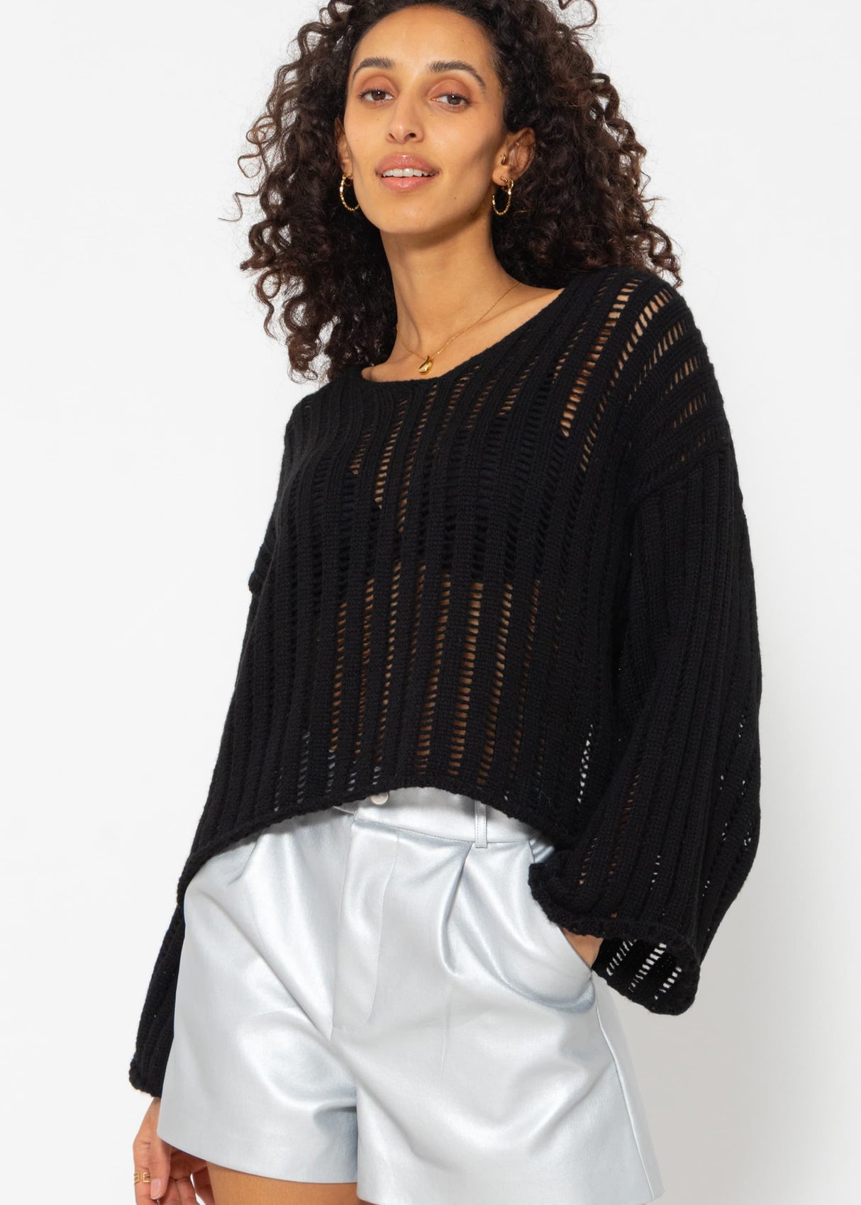 Pullover im Leiterstich-Look - schwarz