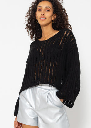 Pullover im Leiterstich-Look - schwarz