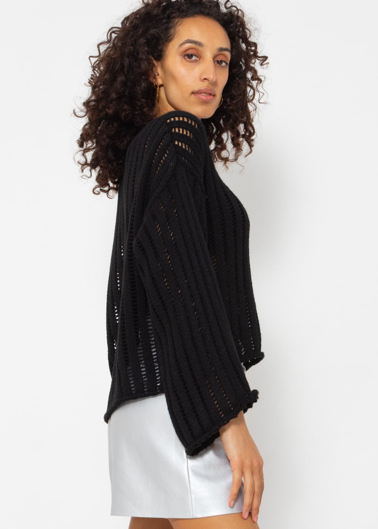 Pullover im Leiterstich-Look - schwarz