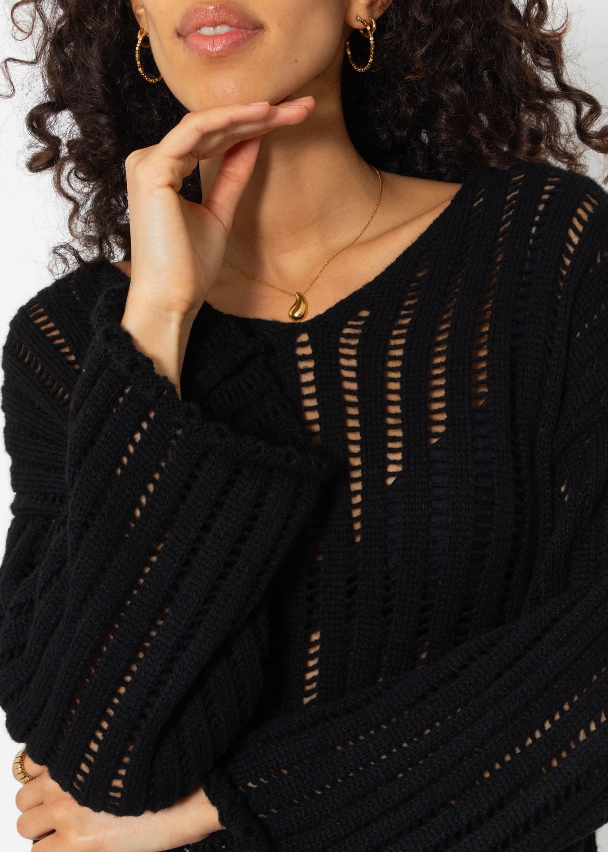 Pullover im Leiterstich-Look - schwarz