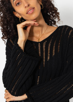 Pullover im Leiterstich-Look - schwarz
