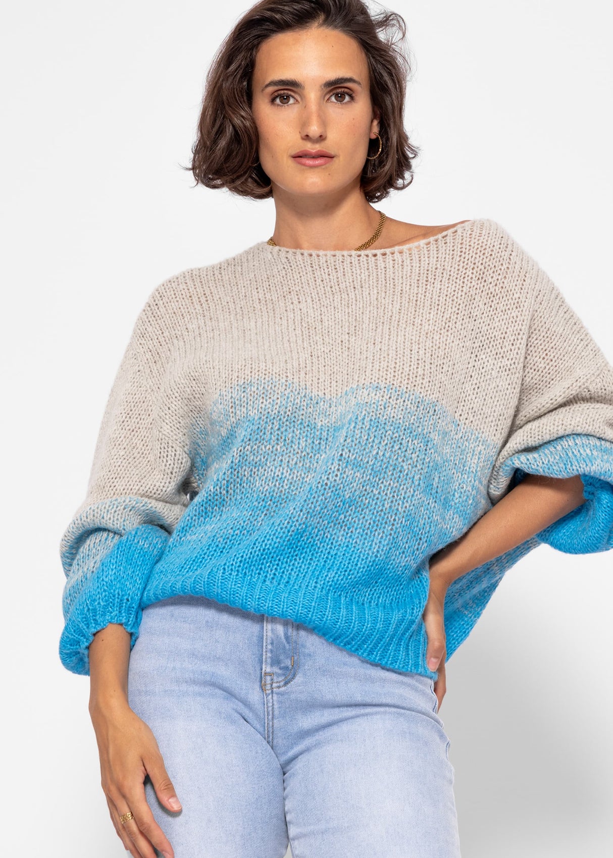 Pullover mit Ballonärmel und Farbverlauf - grau-blau