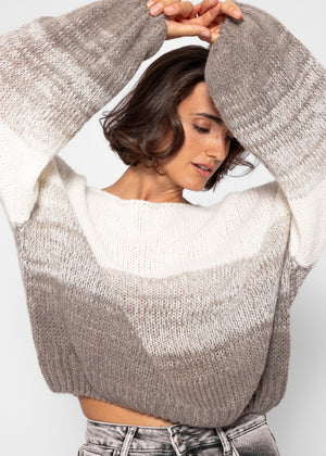 Sweater with balloon sleeves and color gradient - off-white-taupe