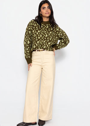 Jumper with wide ribbed texture and leopard pattern - khaki