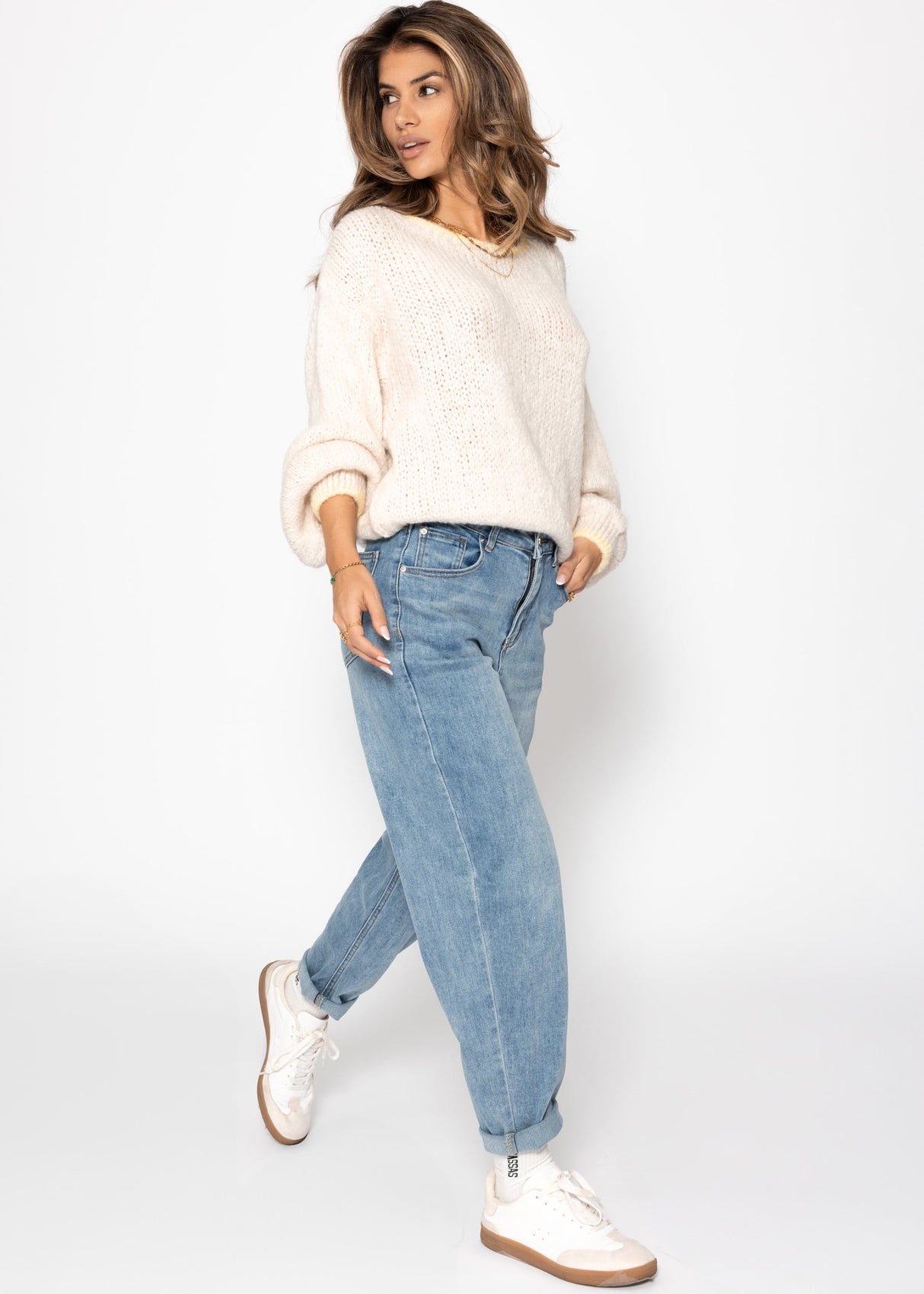 Pullover mit gelber Blende - offwhite
