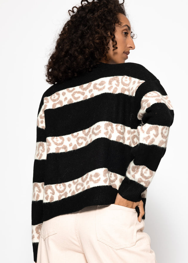 Jumper with leopard print stripes - black