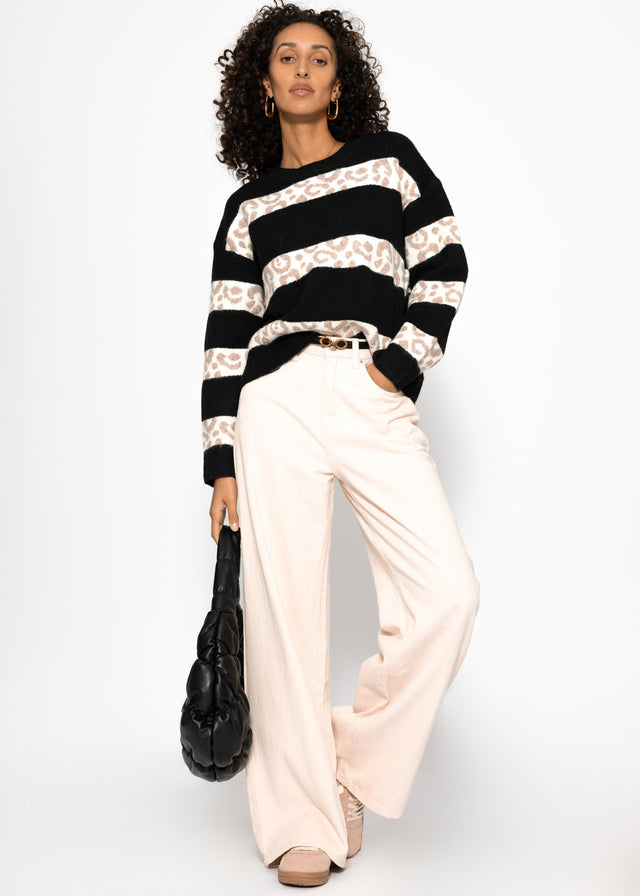 Jumper with leopard print stripes - black