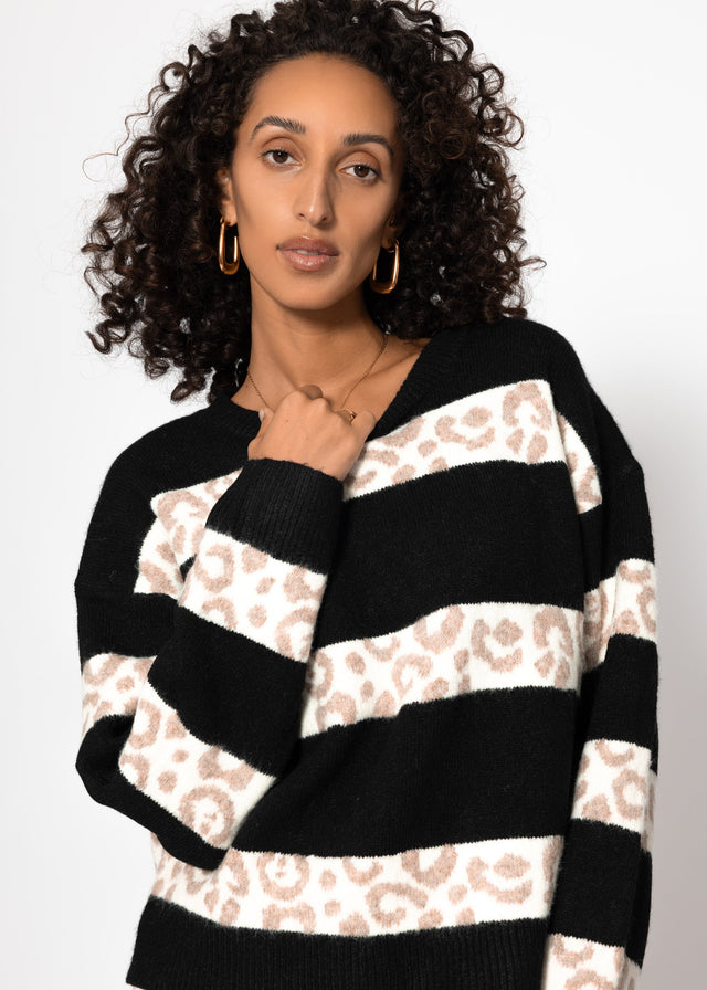 Jumper with leopard print stripes - black
