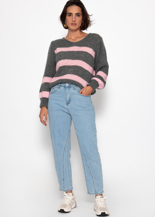 Pullover mit rosa Streifen - grau
