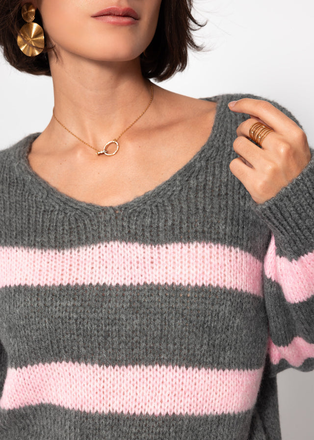 Pullover mit rosa Streifen - grau