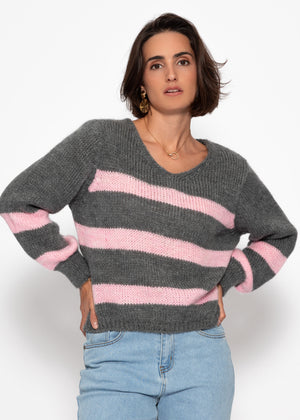 Sweater with pink stripes - grey