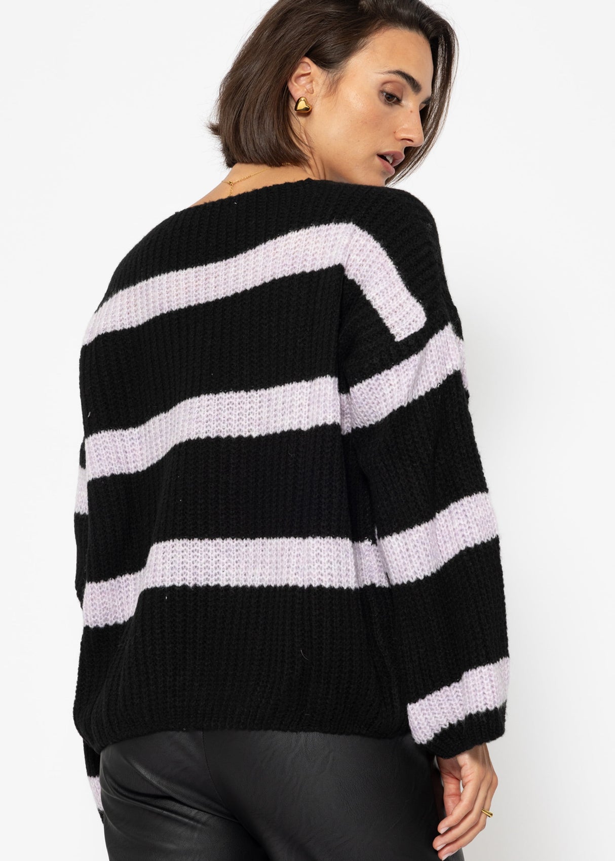 Pullover mit Streifen und V-Ausschnitt - schwarz-lila