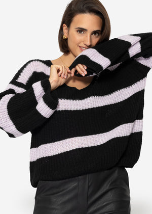 Pullover mit Streifen und V-Ausschnitt - schwarz-lila