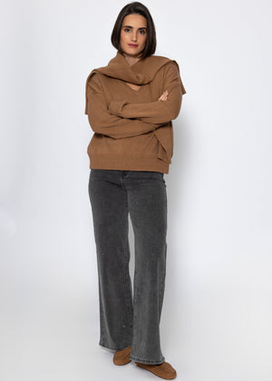 Oversize Baumwoll-Pullover mit tiefem V-Ausschnitt - braun