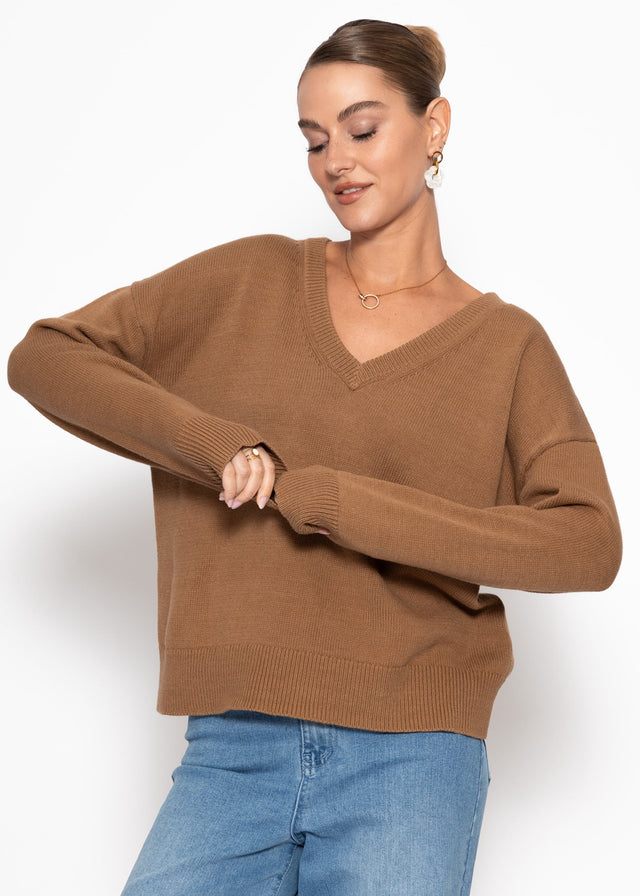 Oversized cotton jumper with deep V-neck - brown