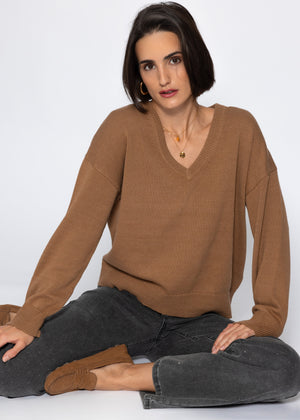 Oversize Baumwoll-Pullover mit tiefem V-Ausschnitt - braun