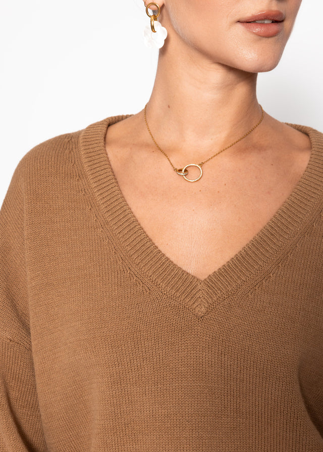 Oversized cotton jumper with deep V-neck - brown