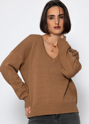 Oversize Baumwoll-Pullover mit tiefem V-Ausschnitt - braun