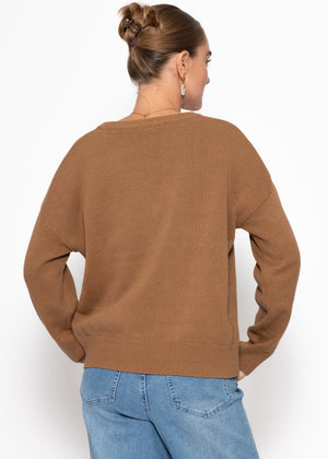 Oversize Baumwoll-Pullover mit tiefem V-Ausschnitt - braun
