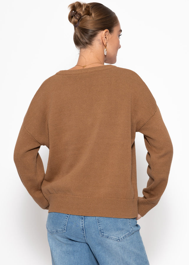 Oversized cotton jumper with deep V-neck - brown