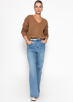 Oversize Baumwoll-Pullover mit tiefem V-Ausschnitt - braun