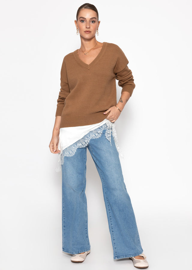 Oversized cotton jumper with deep V-neck - brown