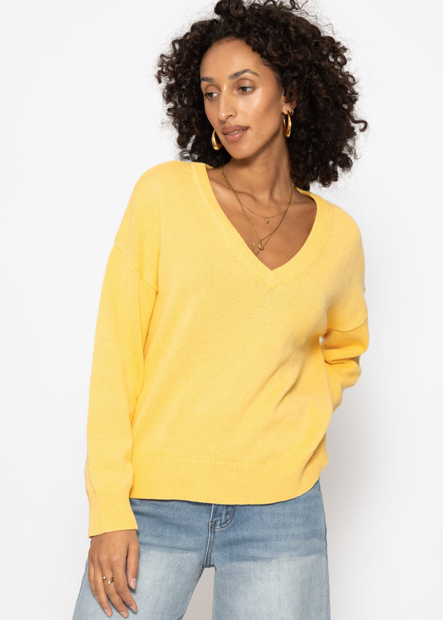Oversized cotton jumper with deep V-neck - yellow