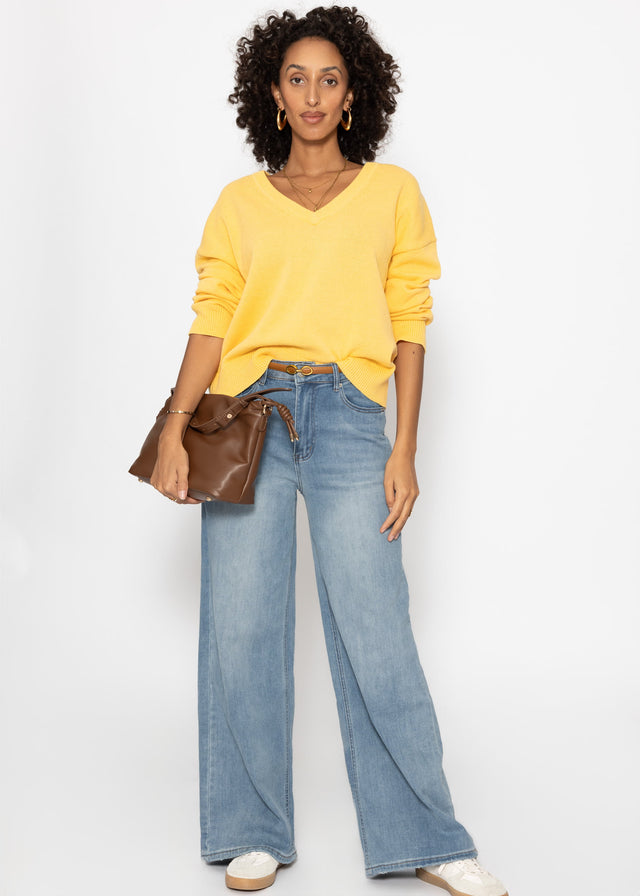 Oversized cotton jumper with deep V-neck - yellow