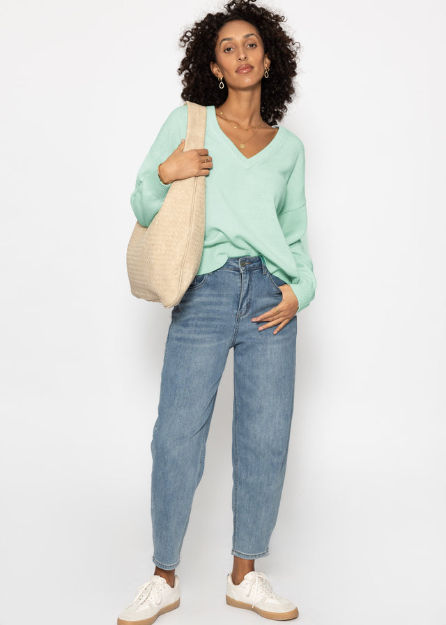 Oversized cotton jumper with deep V-neck - mint