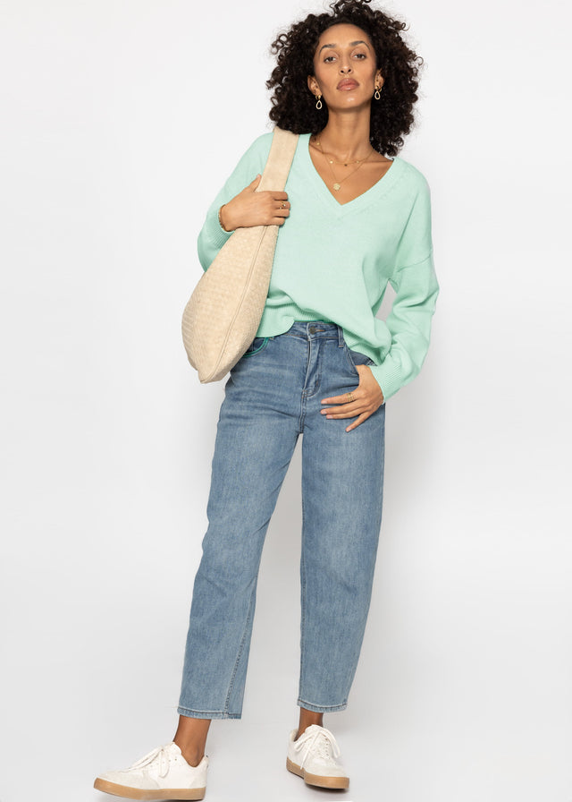 Oversized cotton jumper with deep V-neck - mint