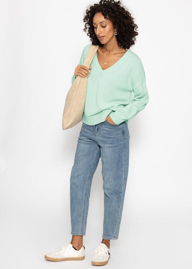 Oversized cotton jumper with deep V-neck - mint
