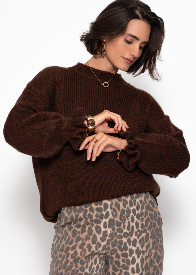 Knit jumper with ruffle sleeves - brown