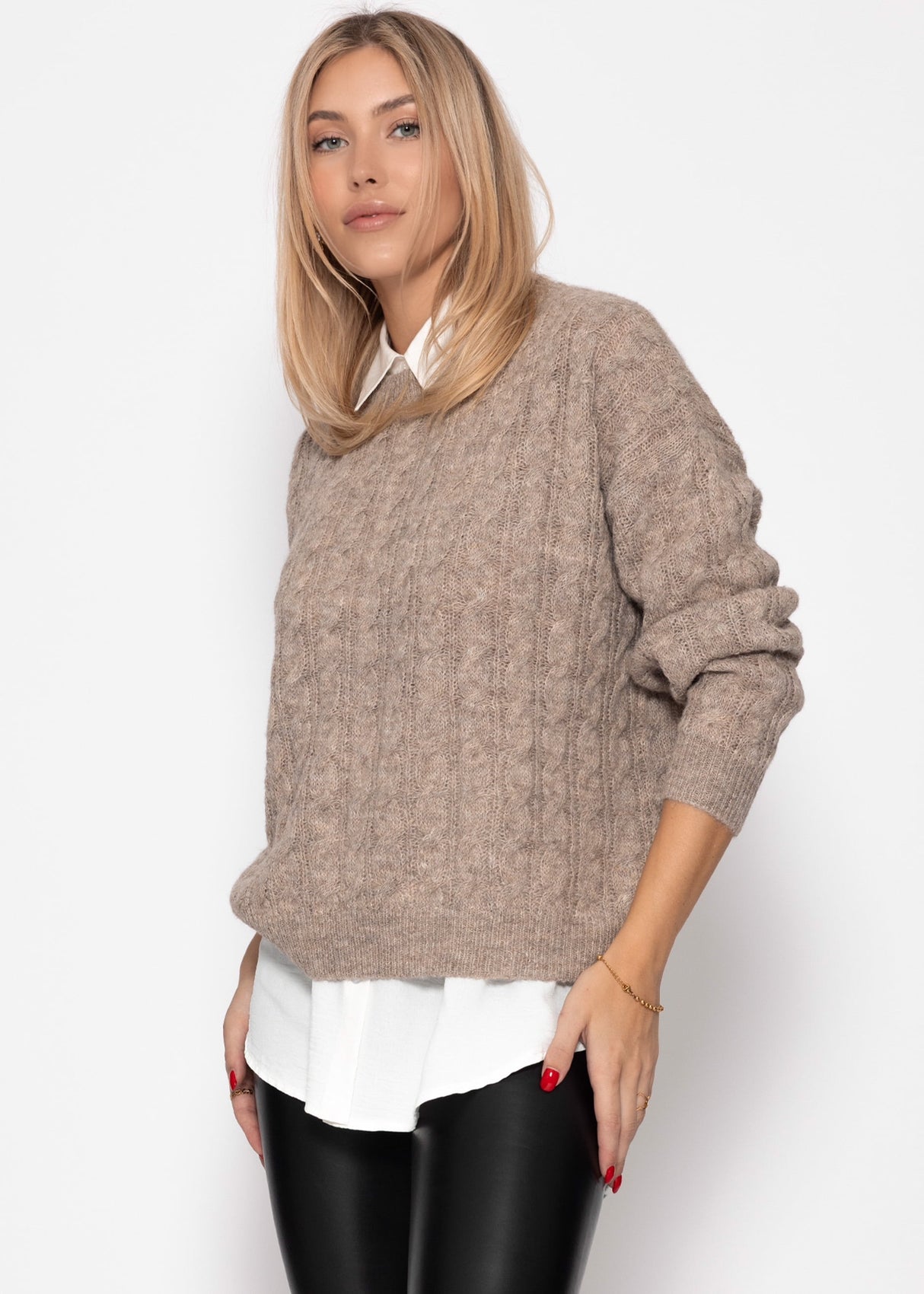Pullover mit Zopfmuster - taupe