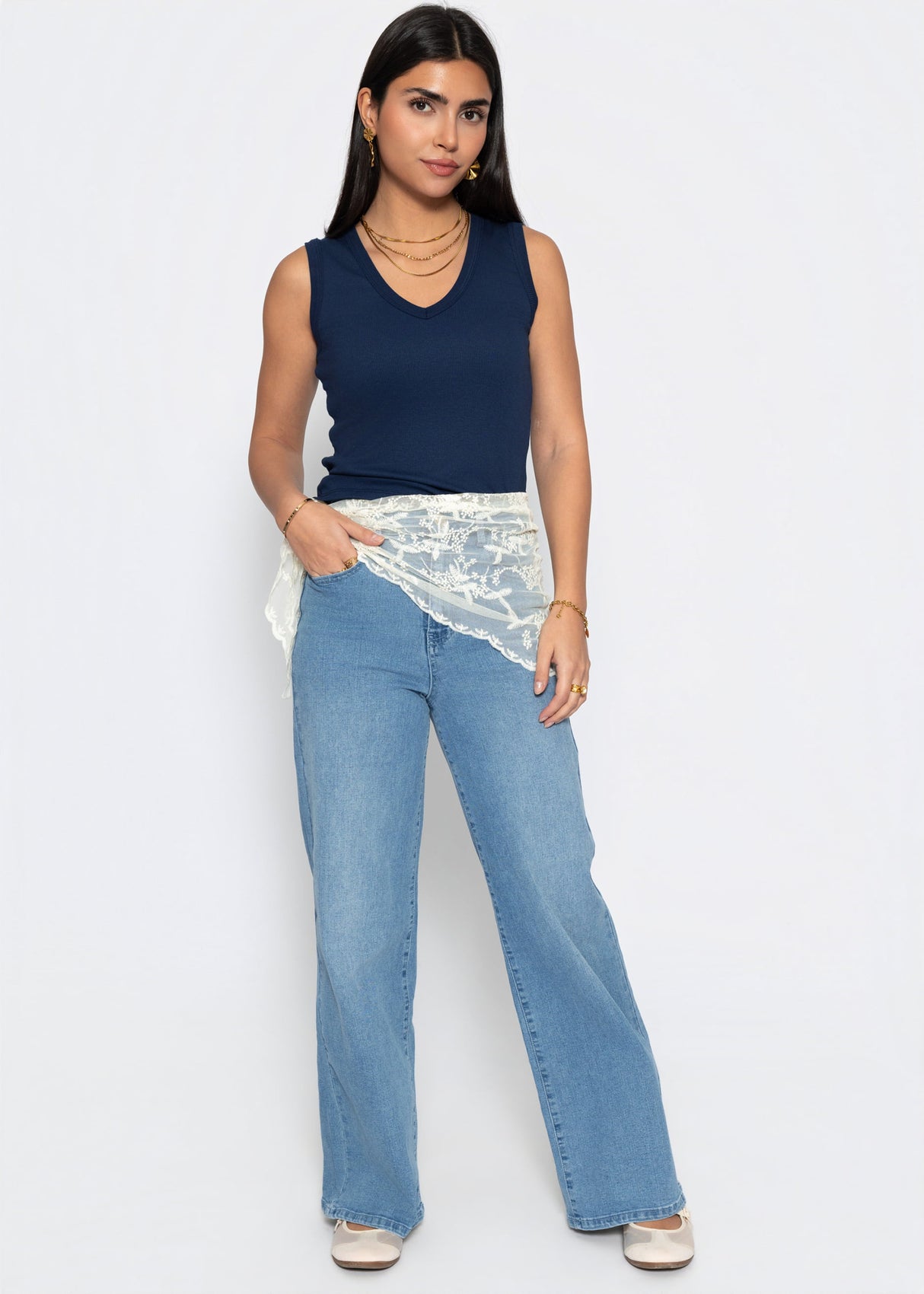 Rib-knit V-neck top - dark blue