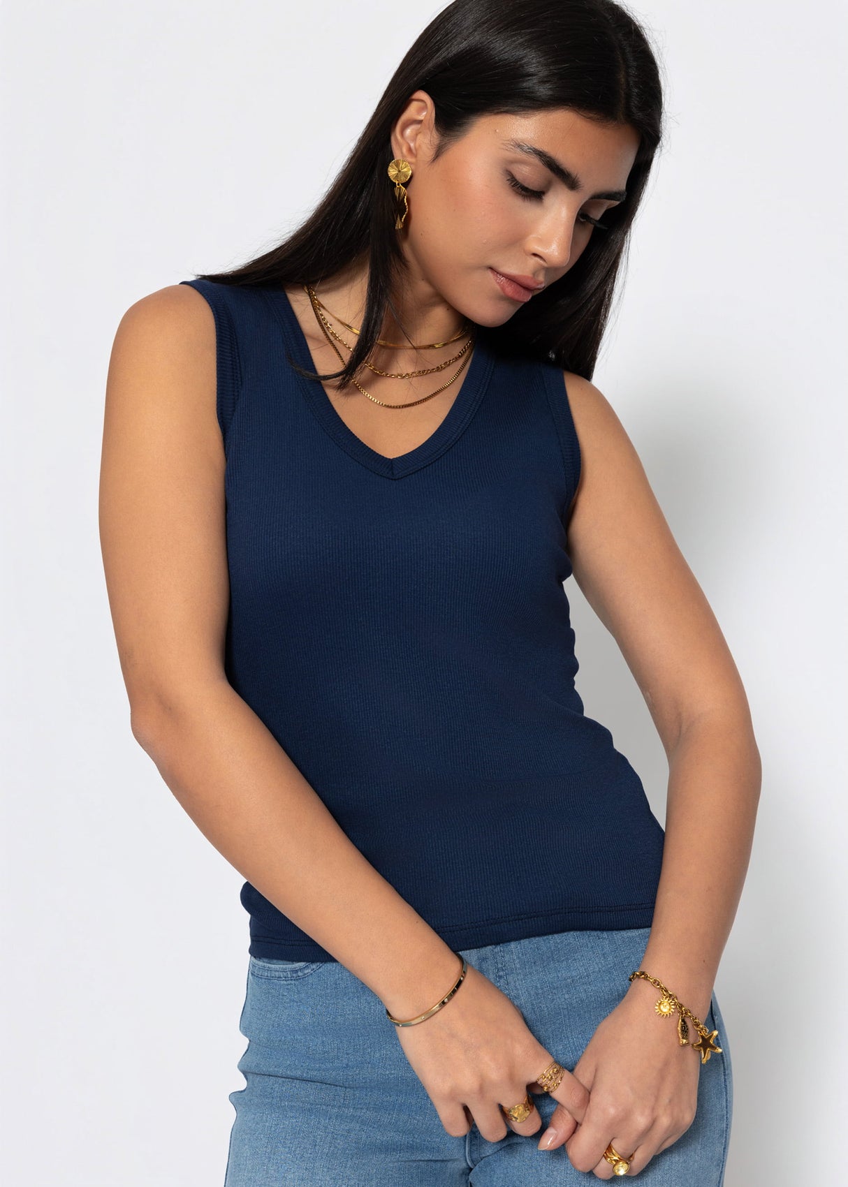 Rib-knit V-neck top - dark blue